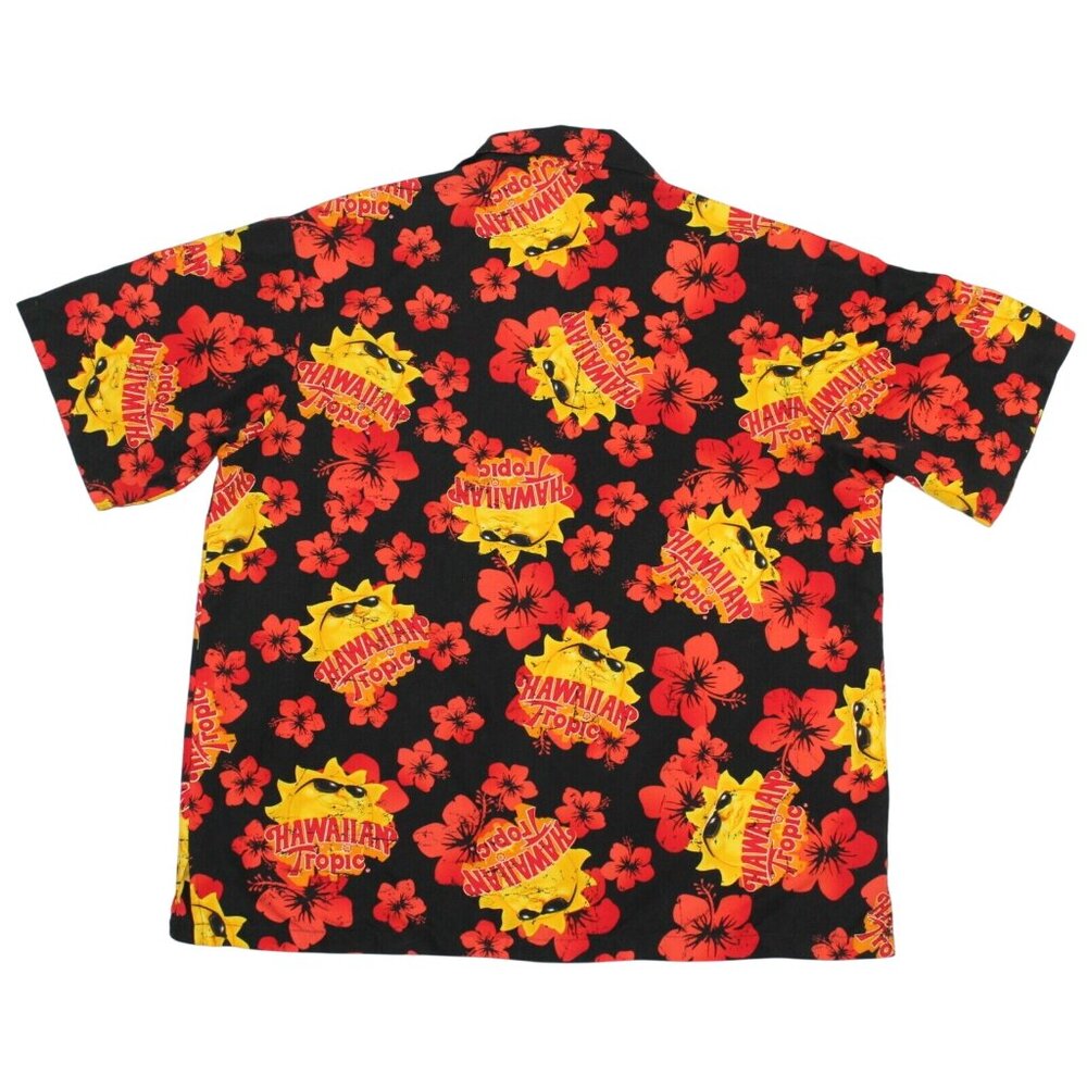 Hawaiian Tropic Large Black Red 100% Polyester Hawaiian Aloha Camp Tiki Shirt - Picture 2 of 7